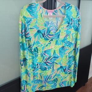 Lilly Pulitzer V-Neck Sweater - Blue and Green Tropical Print